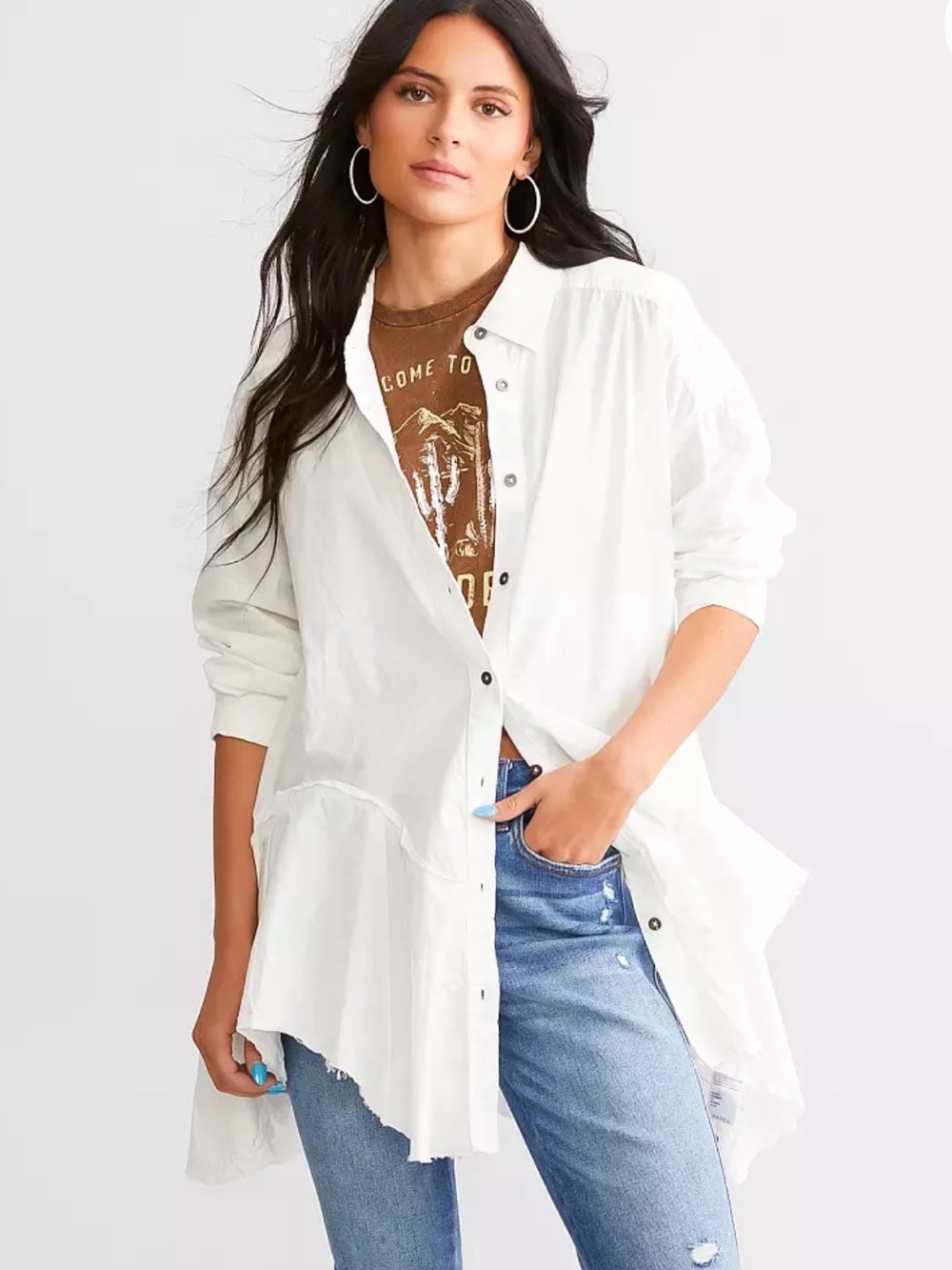 We The Free Freya Poplin White Women's Long Button-Front Tunic Shirt NWT Small